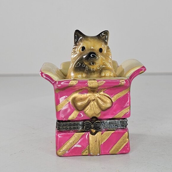 Vintage Yorkshire Terrier In Gift Trinket Box Ceramic With Bone Trinket Yorkie - Picture 2 of 10